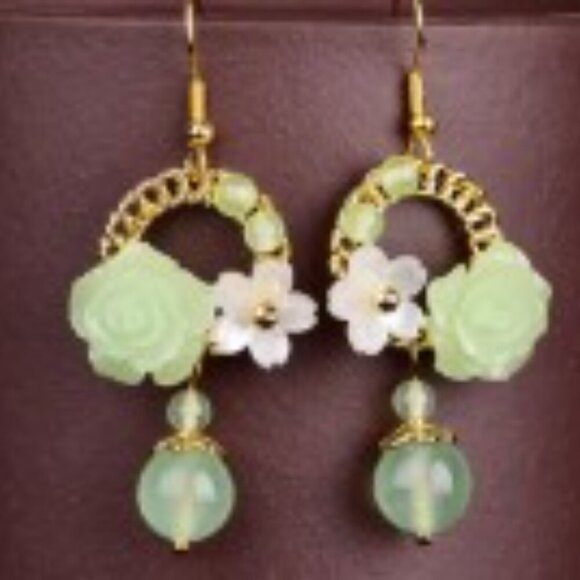 Agate Dangle Earrings Natural Gemstones Resin Shell Flowers Nickel-Free Copper - Picture 5 of 9